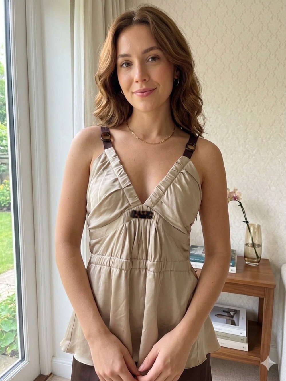 Alberta Ferretti Cream Silk Camisole with Brown Trim Top